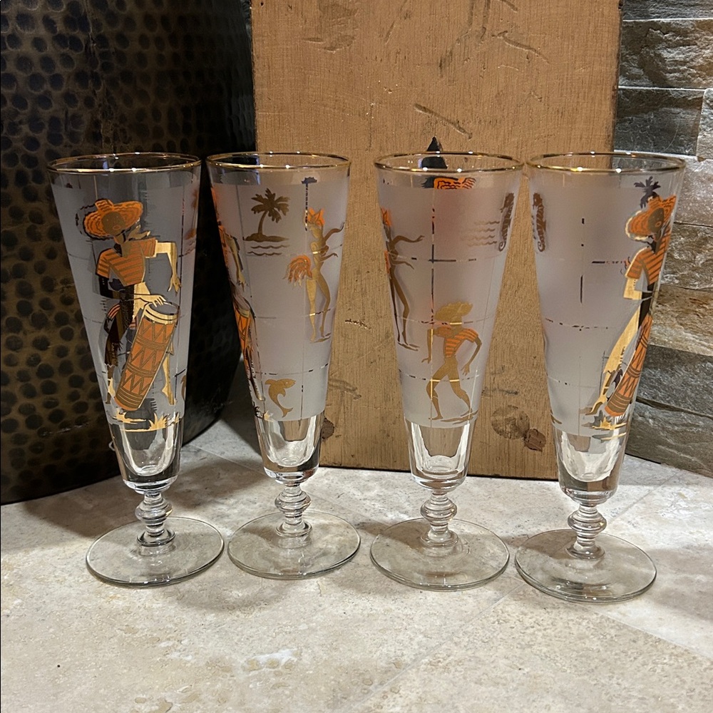 Set of 4 vintage LIBBEY "Caribbean Cruise" or "Calypso" frosted pilsner glasses